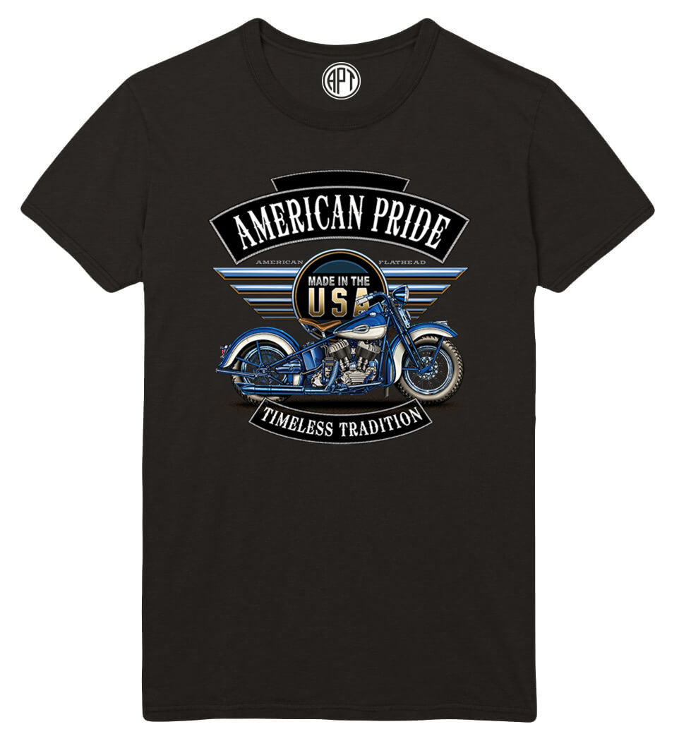 American Pride Flathead Motorcycle  Printed T-Shirt-Black