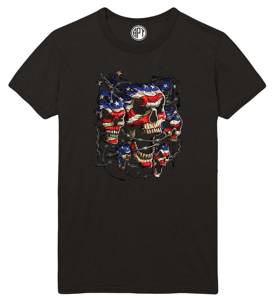 Patriotic Skulls Printed T-Shirt-Black
