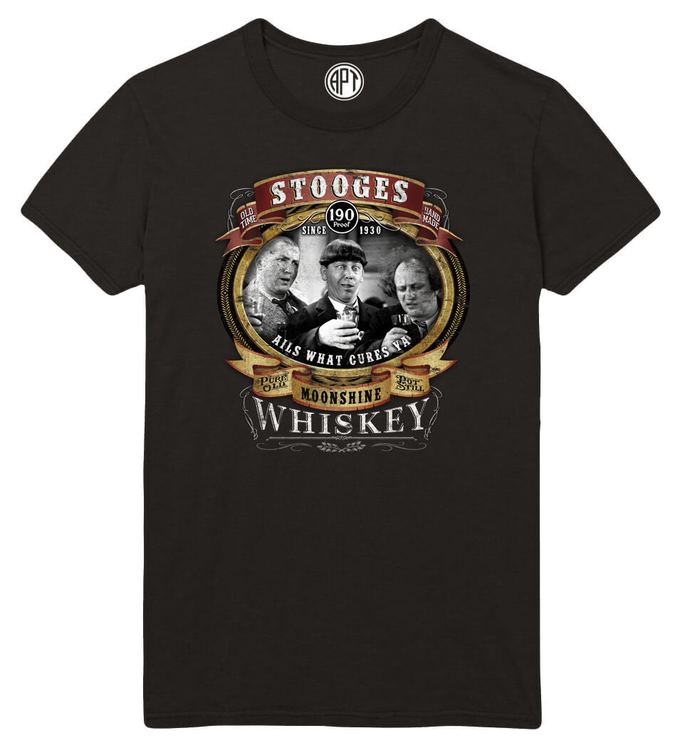 Three Stooges Moonshine Whiskey Printed T-Shirt-Black