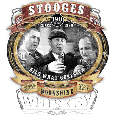 Three Stooges Moonshine Whiskey Printed T-Shirt-Black