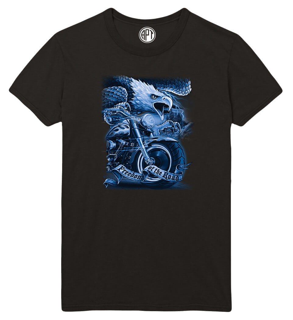 Freedom of The Road Motorcycle with Eagle  Printed T-Shirt-Black