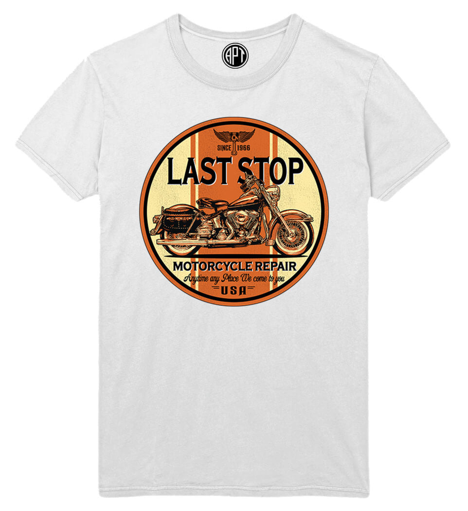 Last Stop Motorcycle Repair Printed T-Shirt-White