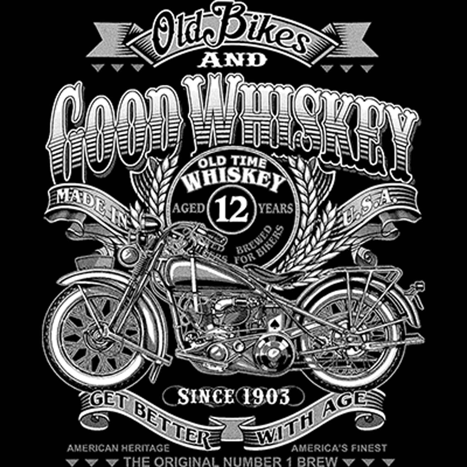 Old Bikes and Good Whiskey Get Better with Age Printed T-Shirt-Black