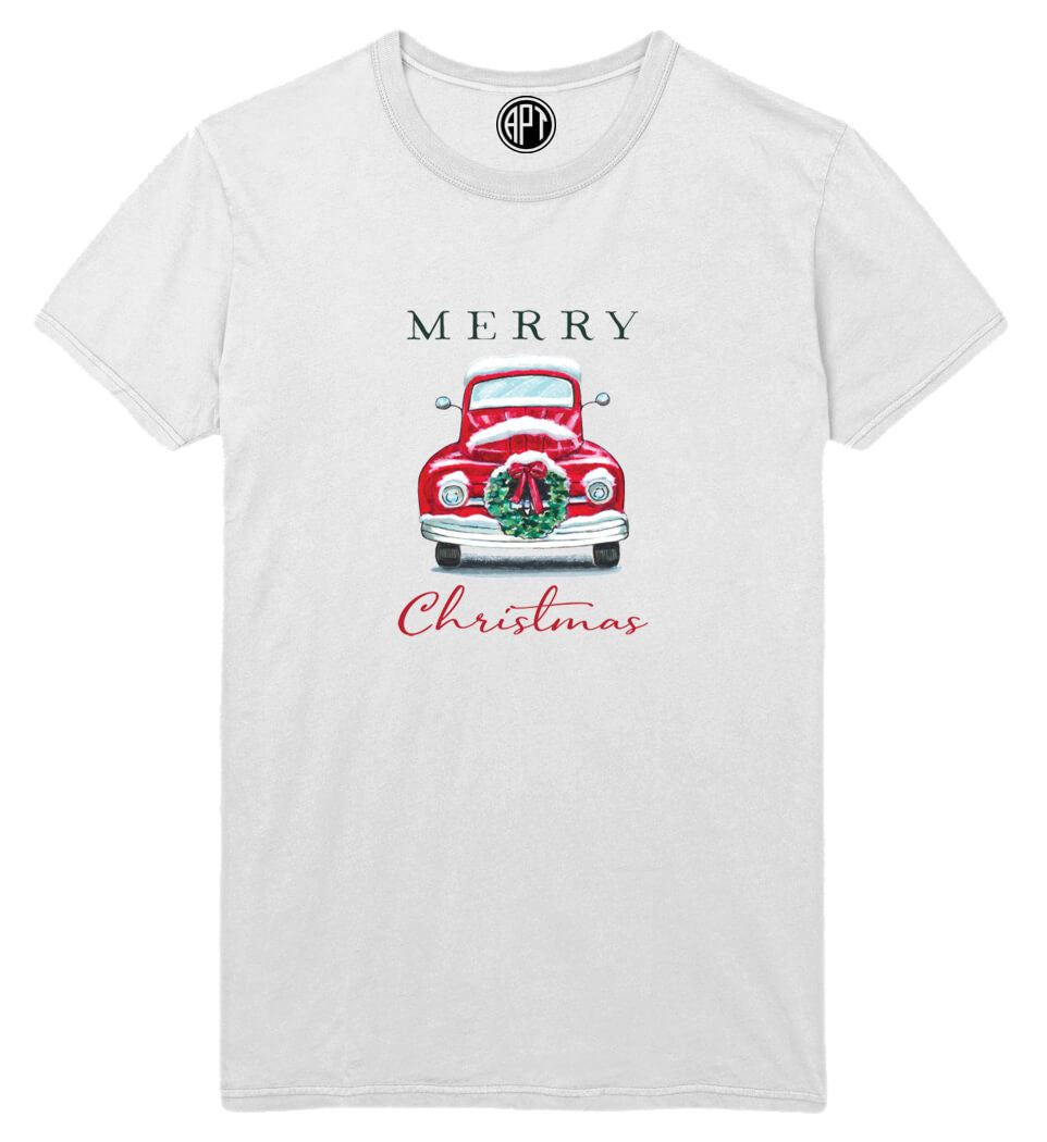Merry Christmas Red Truck Wreath Printed T-Shirt-White