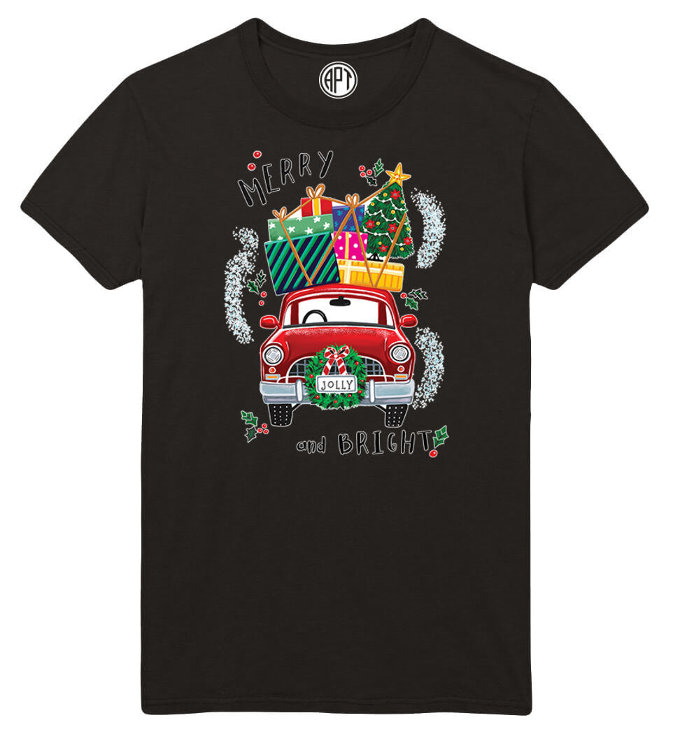 Merry and Bright Car with Wreath Printed T-Shirt-Black