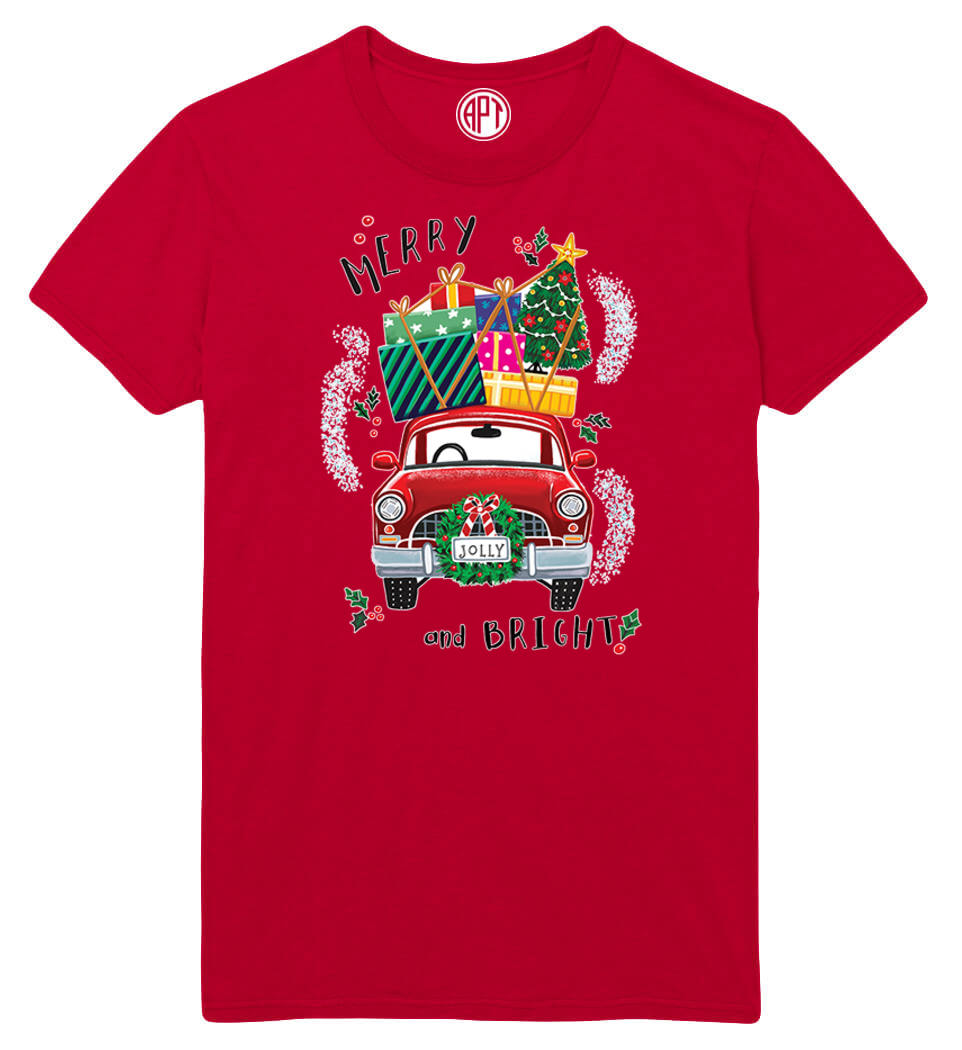 Merry and Bright Car with Wreath Printed T-Shirt-Red