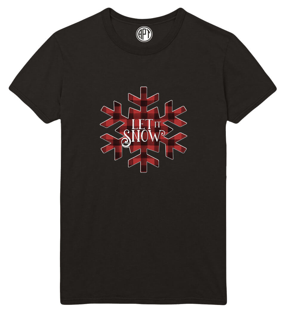 Let It Snow Buffalo Plaid Snowflake Printed T-Shirt-Black
