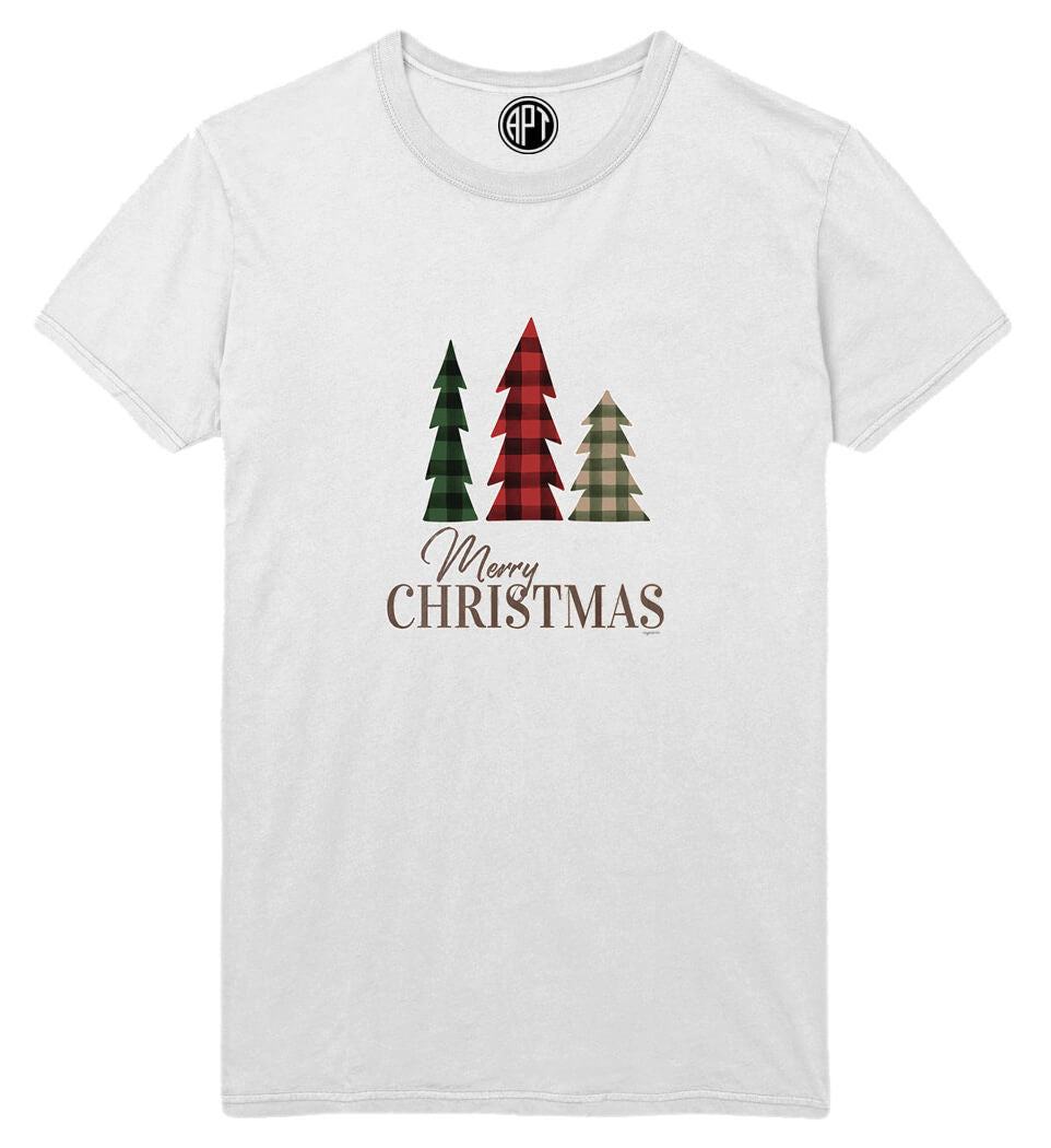 Plaid Christmas Trees Holiday Printed T-Shirt-White