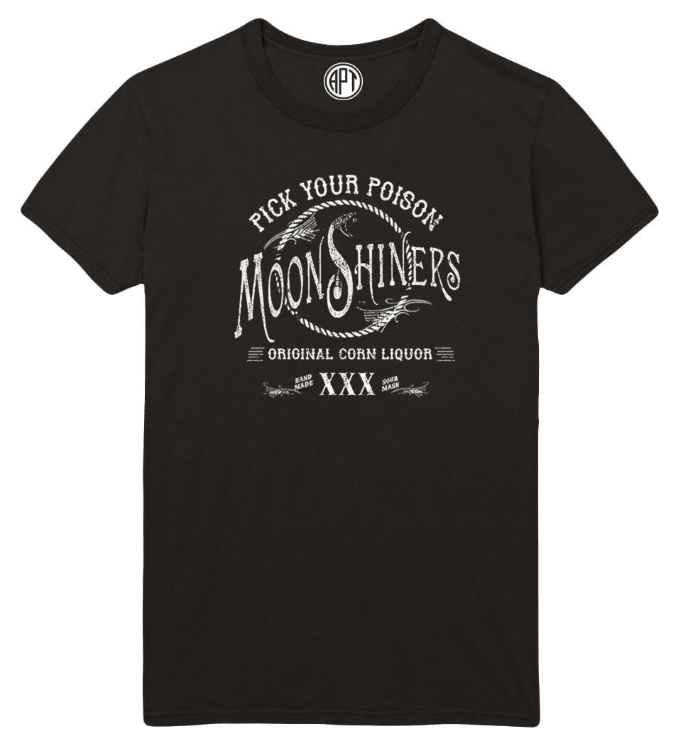 Moonshine Corn Liquor Pick your Poison Printed T-Shirt-Black