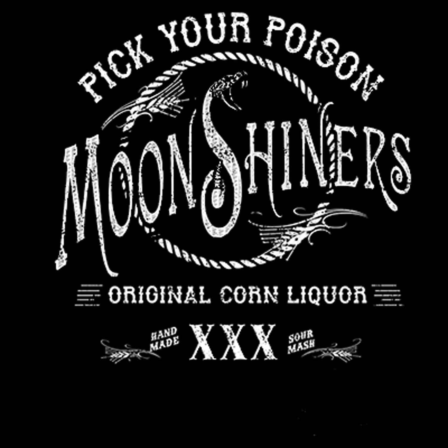 Moonshine Corn Liquor Pick your Poison Printed T-Shirt-Black