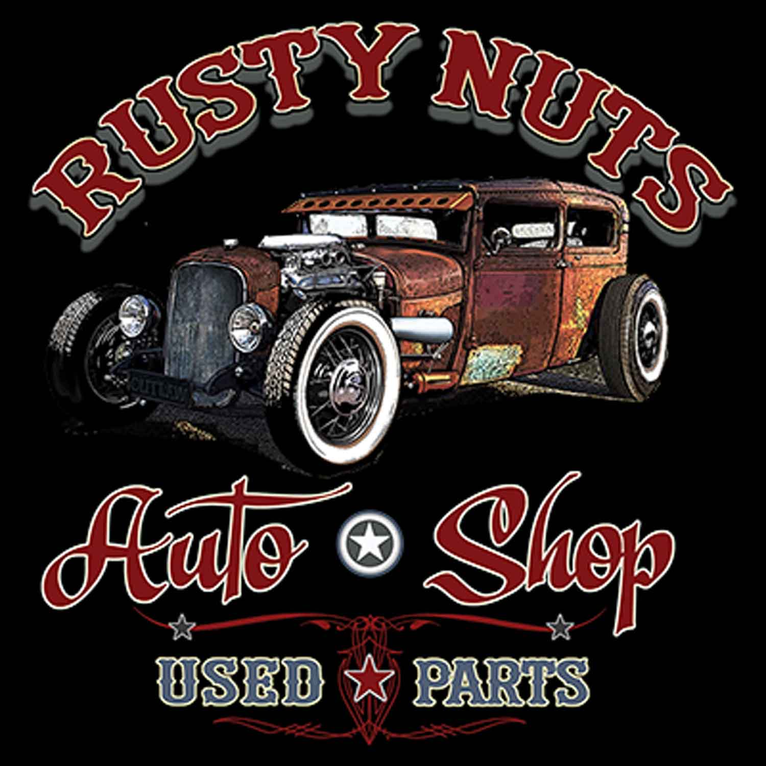 Rusty Nuts Auto Parts Shop Printed T-Shirt-Black
