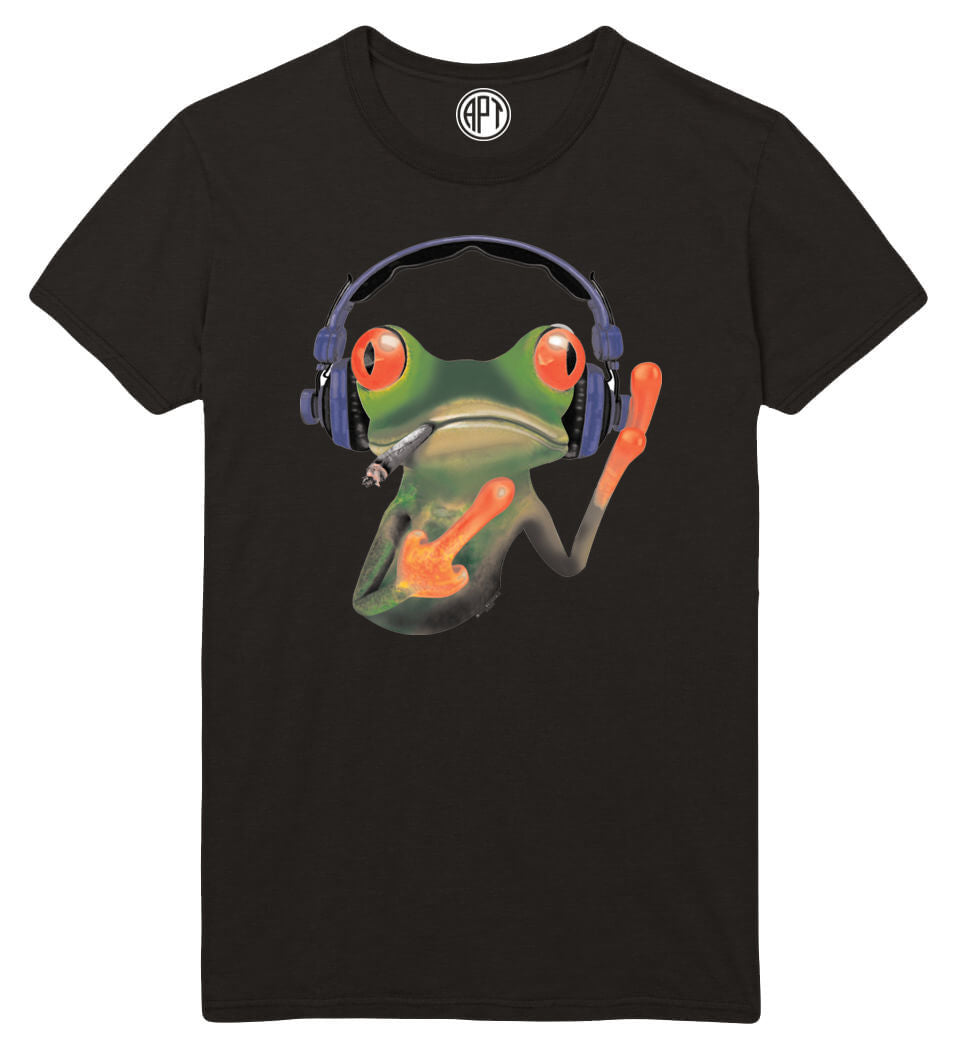 Smoking Frog w/Headphones  Printed T-Shirt-Black