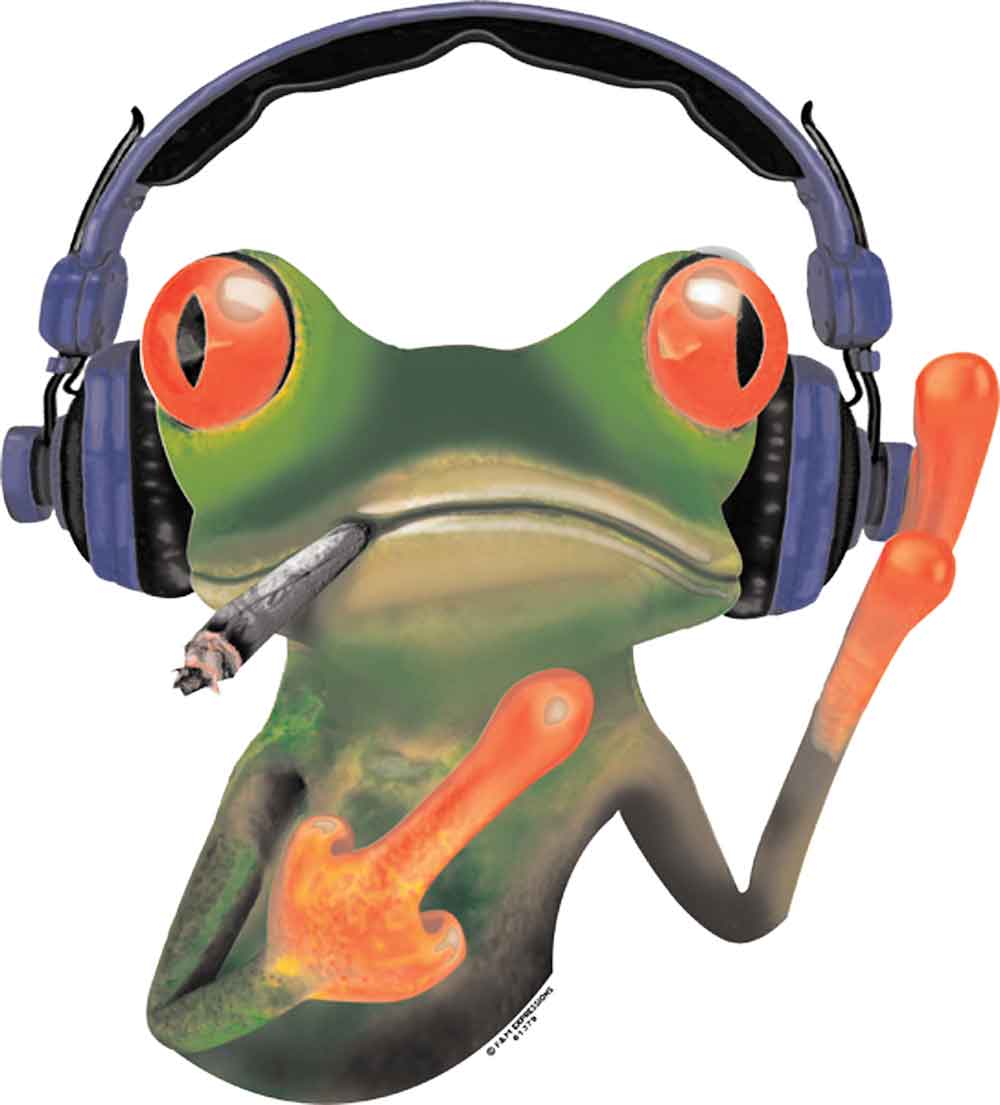 Smoking Frog w/Headphones  Printed T-Shirt-Black