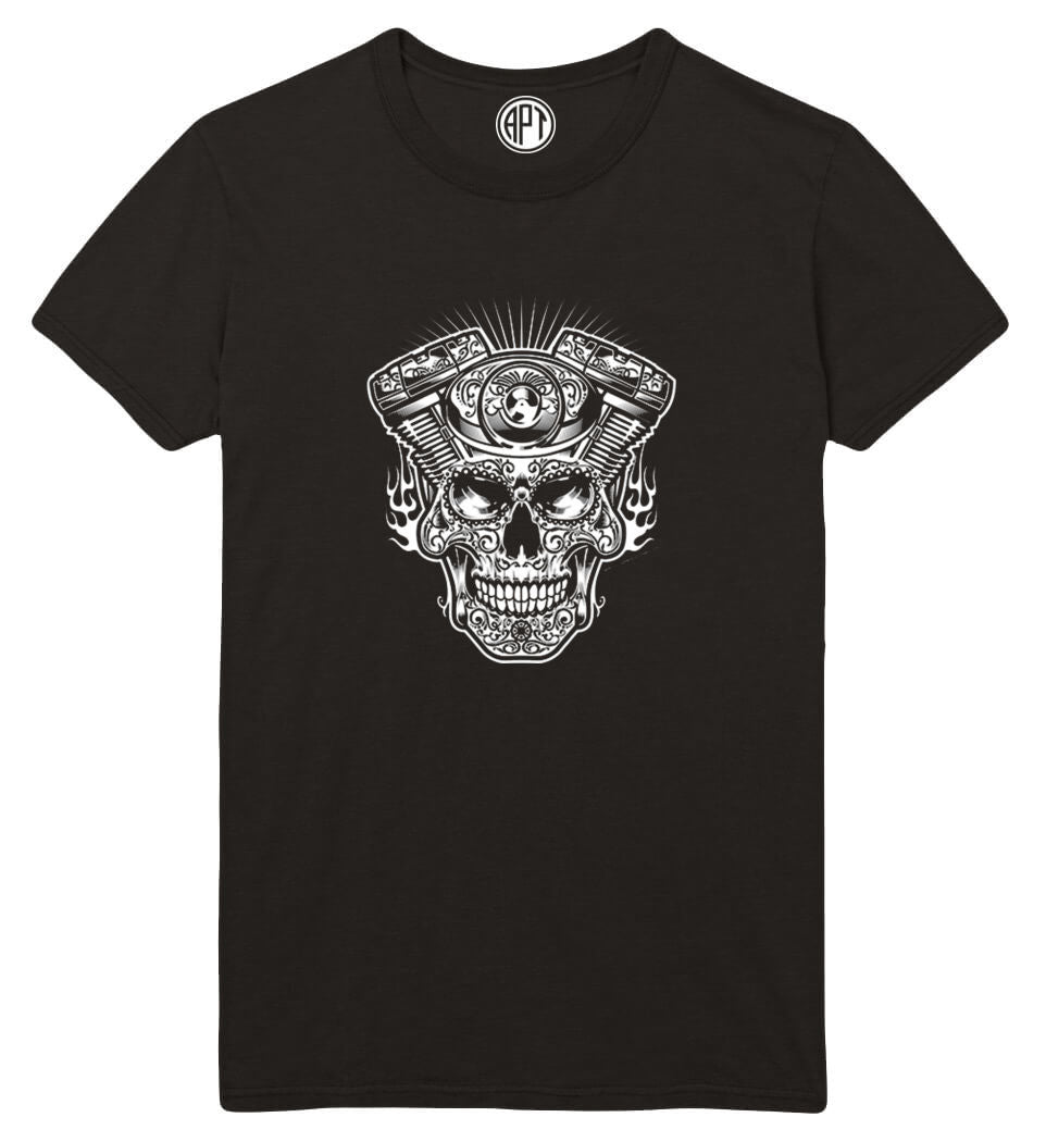 Day of The Dead Skull Engine  Printed T-Shirt-Black
