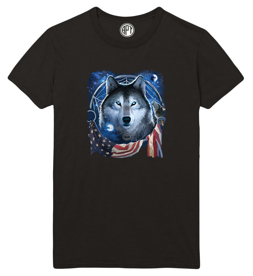 Wolf Flag Dream Catcher  Printed T-Shirt-Black