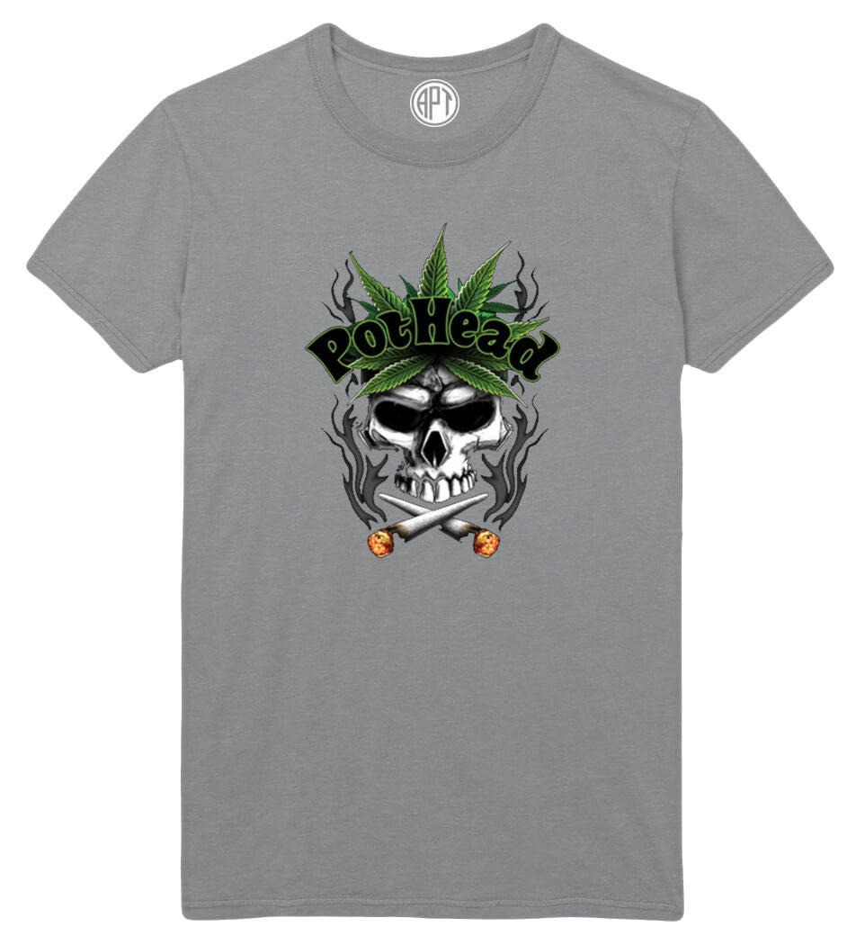 Pothead Skull Printed T-Shirt-Athletic-Gray