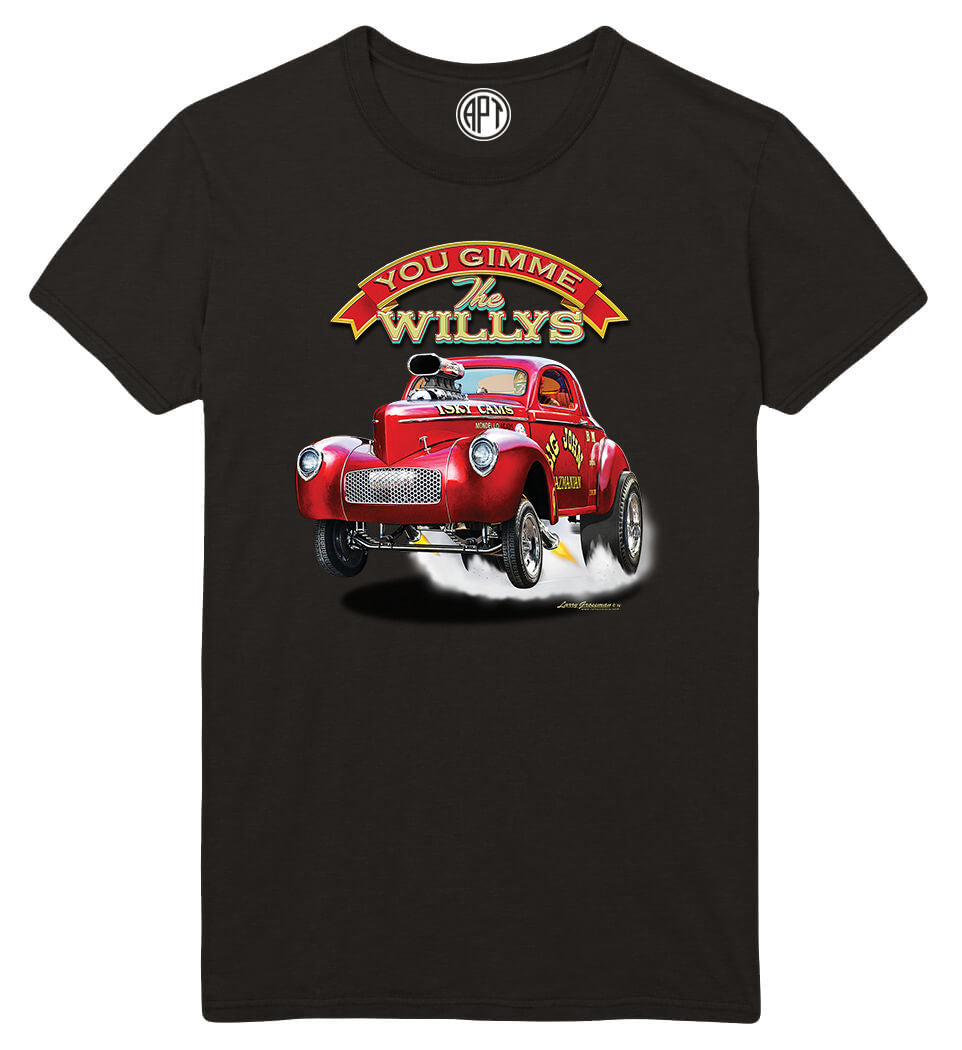 Gimme The Willys Coupe Gas Car Printed T-Shirt-Black