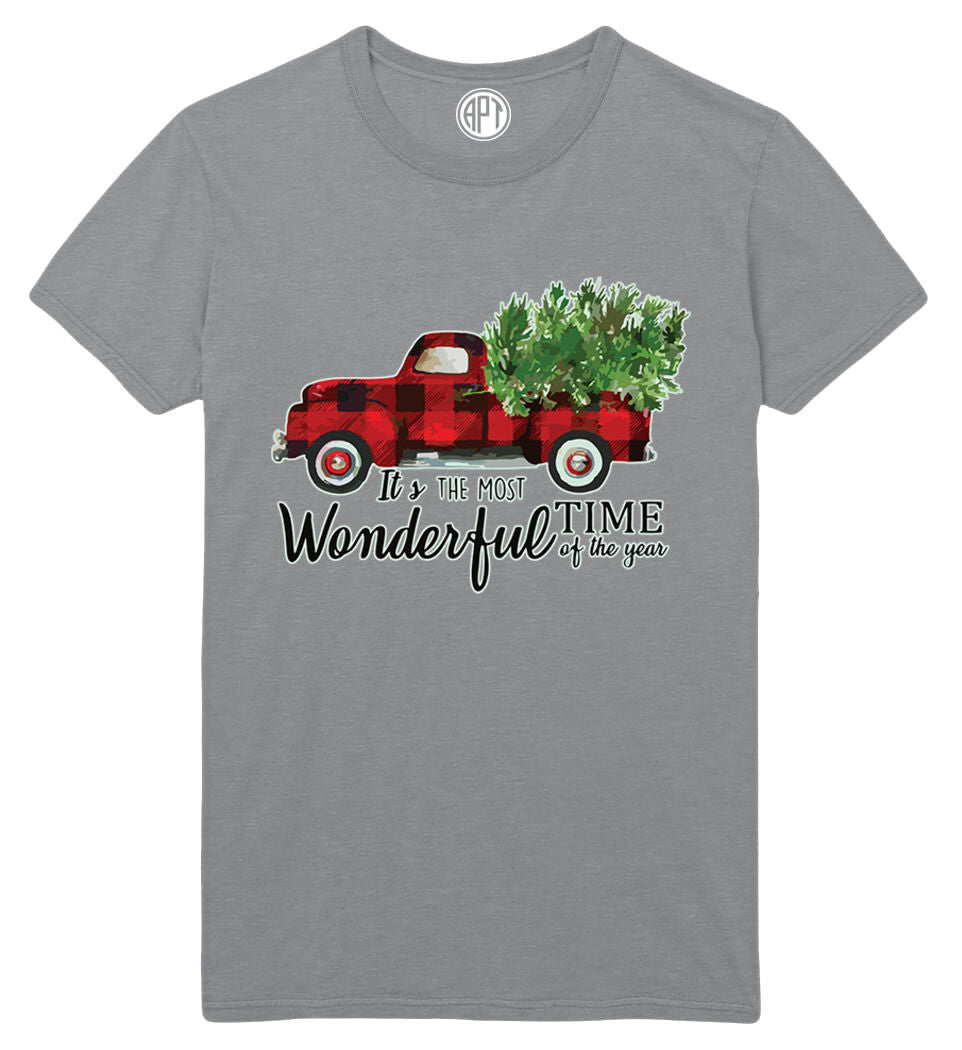 Christmas Truck with Tree Wonderful Time of The Year Printed T-Shirt-Athletic-Gray