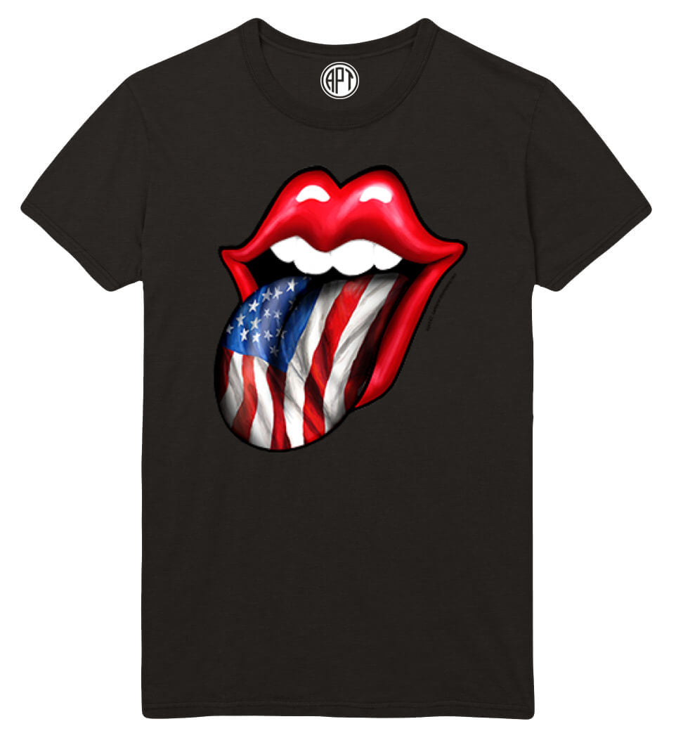 Lips Tongue American Flag Printed T-Shirt-Black