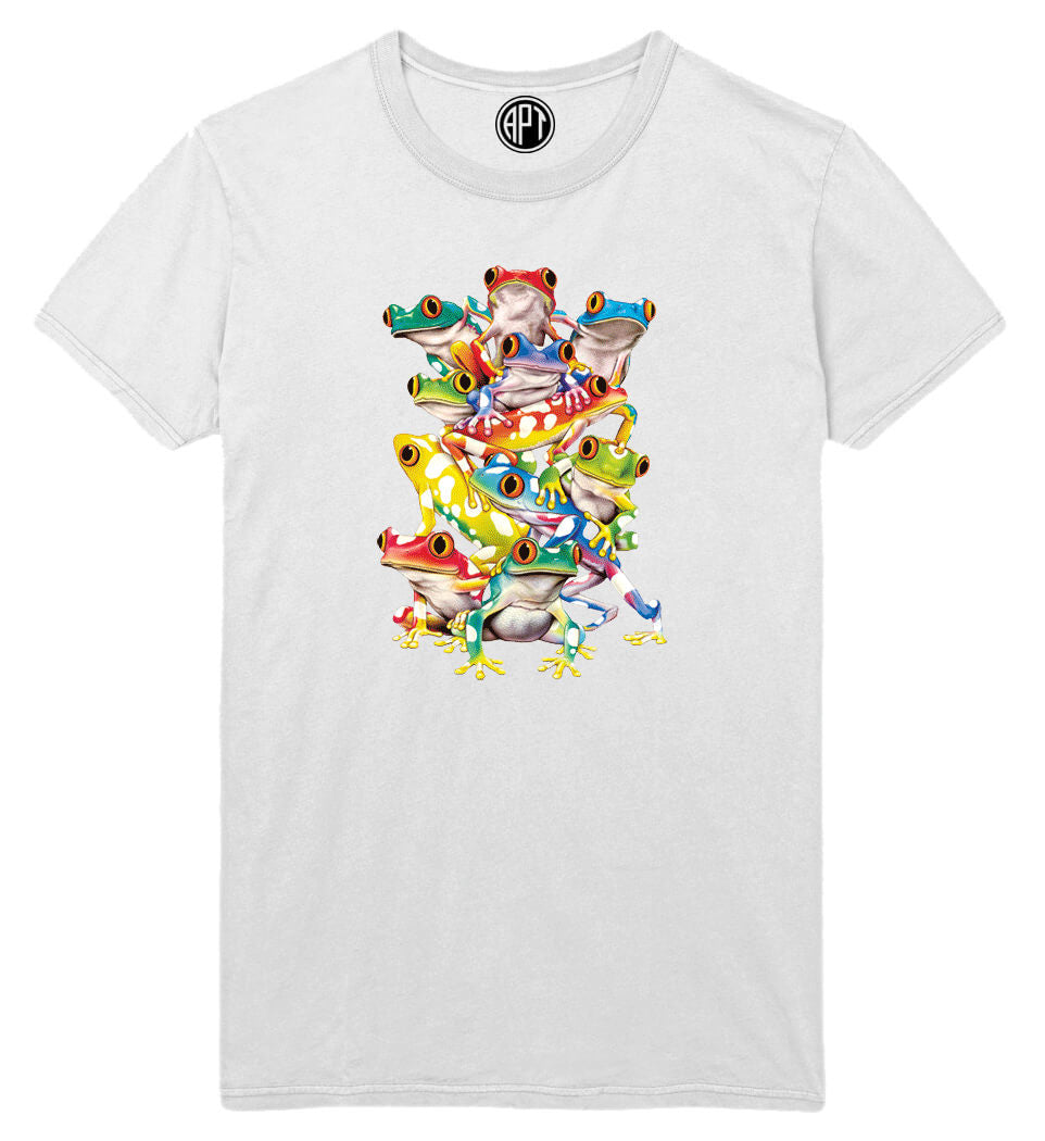 Solar Color Changing Stacked Balancing Frogs Printed T-Shirt-White