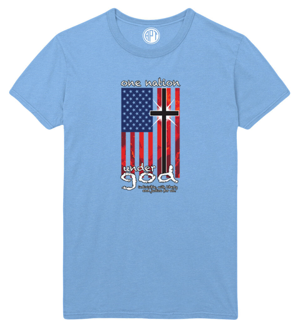 One Nation Under God with Flag Printed T-Shirt-Light-Blue