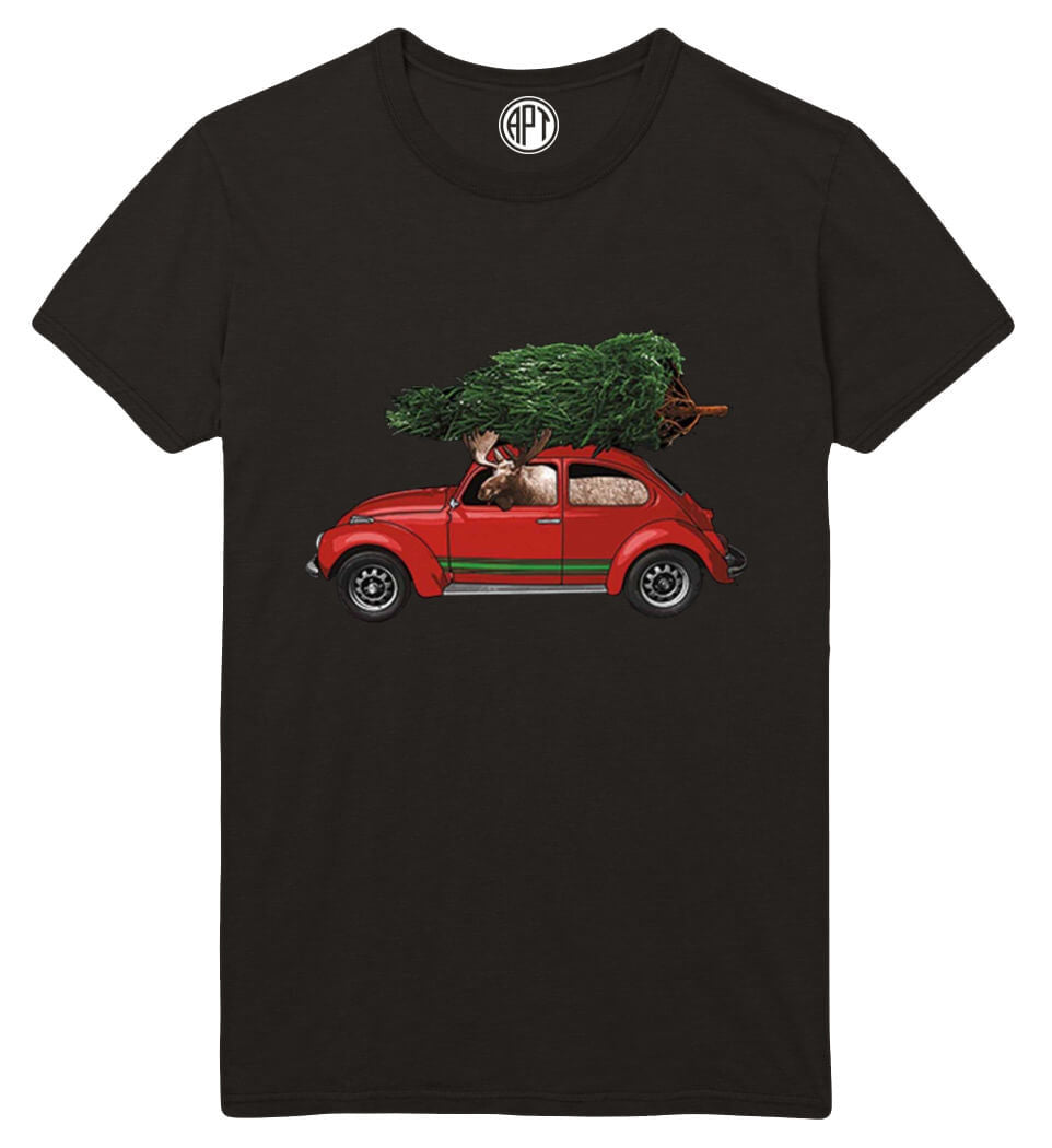 Moose Car Christmas Tree Printed T-Shirt-Black