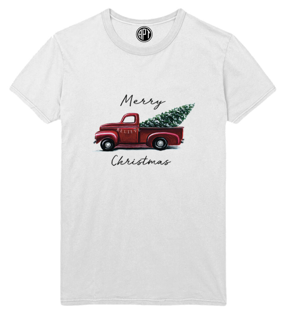 Merry Christmas Tree Red Truck Printed T-Shirt-White
