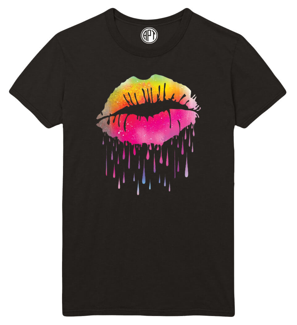 Lips Like Sugar Dripping Neon Printed T-Shirt-Black